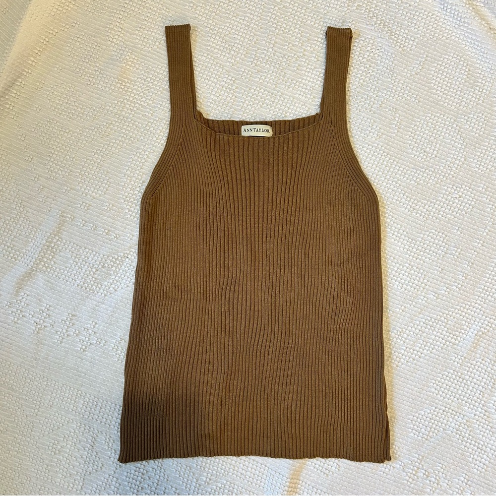 Ann Taylor Brown Ribbed Square-Neck Knit Tank Top